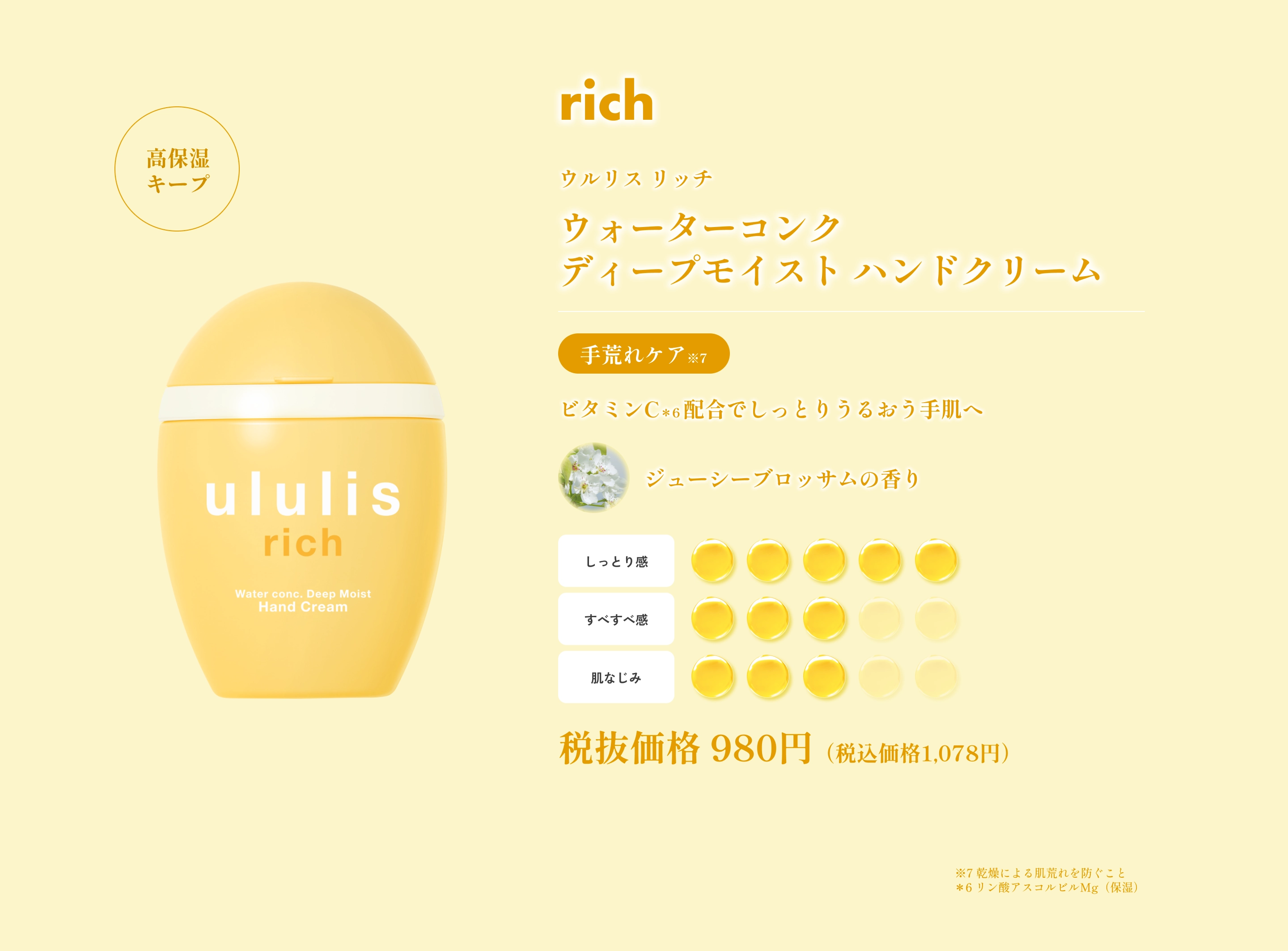 rich 高保湿type　ディープモイストハンドクリーム　ビタミンC配合でしっとりうるおう手肌へ　ジューシーブロッサムの香り税別価格980円税込価格1078円